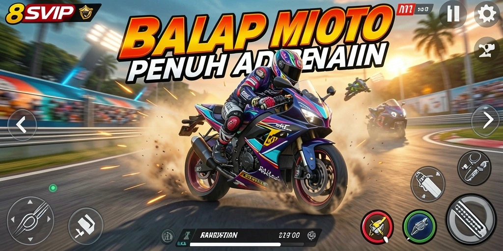 Screenshot gameplay 8SVIP menampilkan aksi balapan motor yang mendebarkan.