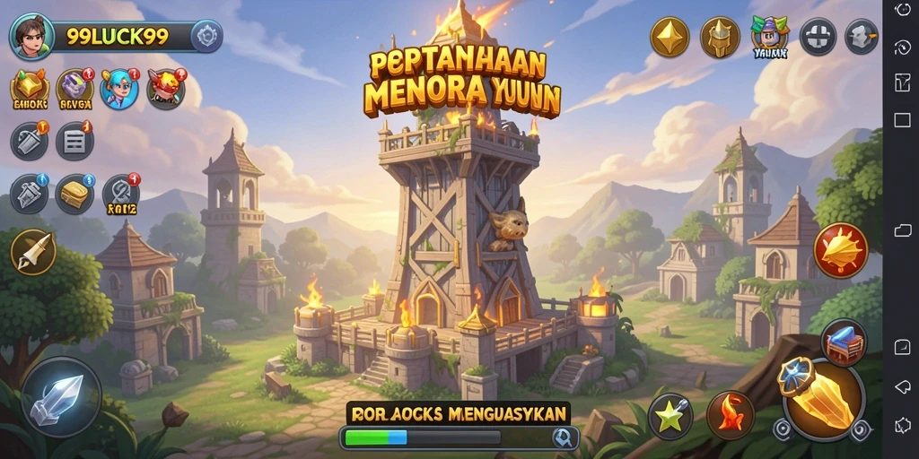 Screenshot gameplay menampilkan aksi menara dalam melawan musuh.