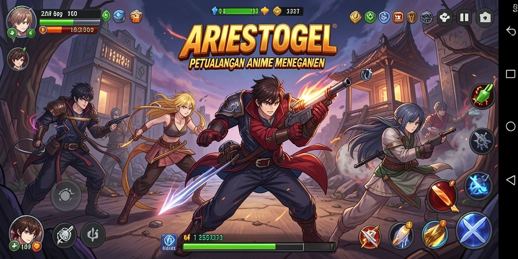 Tangkapan layar utama ARIESTOGEL dengan aksi pertarungan karakter anime.