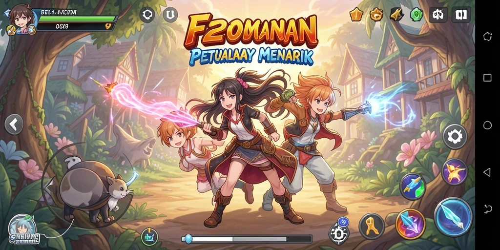 Screenshot gameplay F200M yang menampilkan karakter anime dalam aksi.