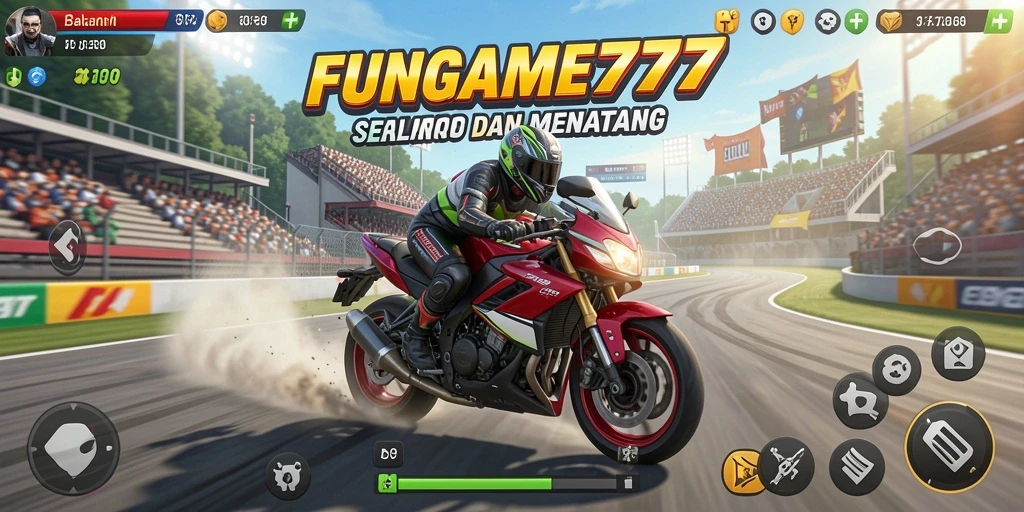 Screenshot gameplay FUNGAME777 yang menunjukkan balapan motor yang mendebarkan.