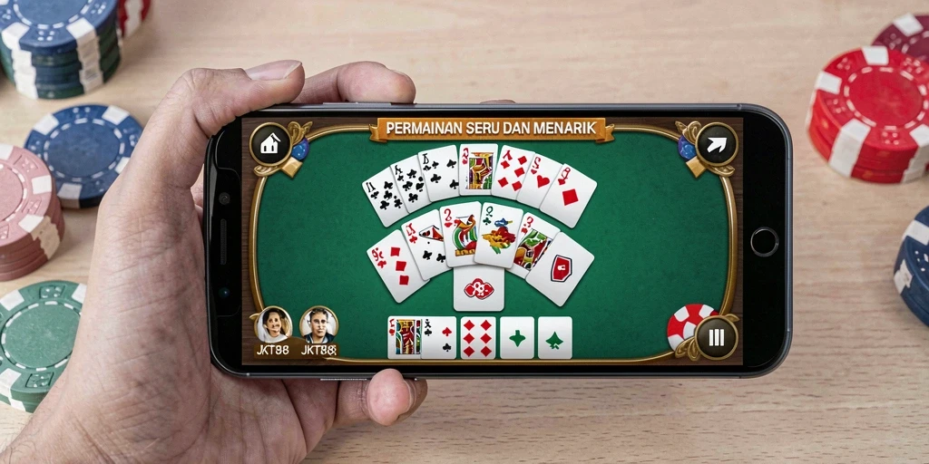 Screenshot utama JKT88 menampilkan gameplay Domino yang seru dan interaktif.