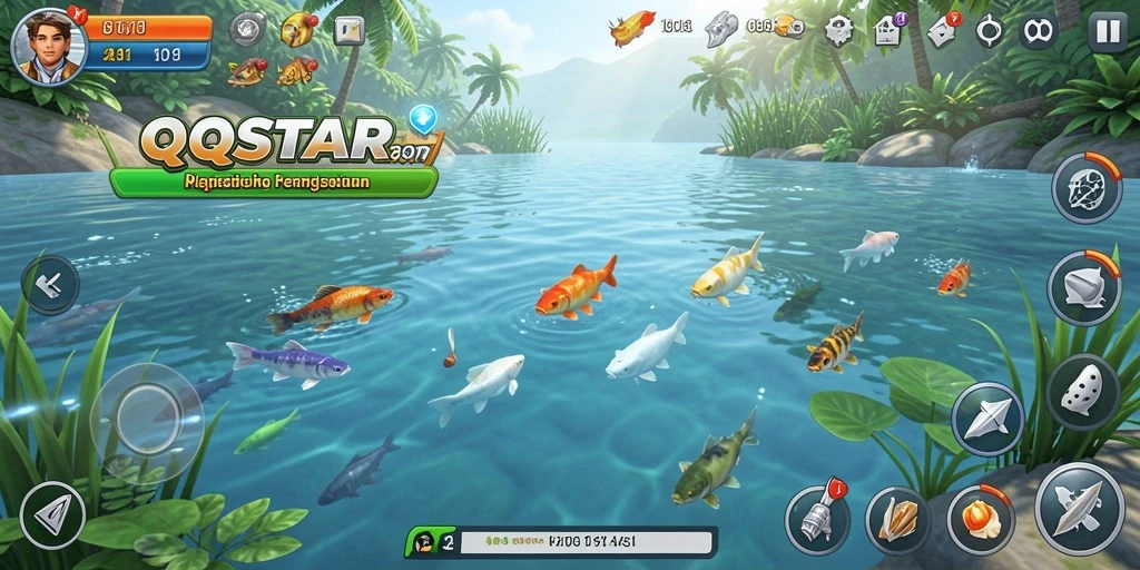 Tangkapan layar gameplay QQSTAR yang menunjukkan aksi memancing yang seru.