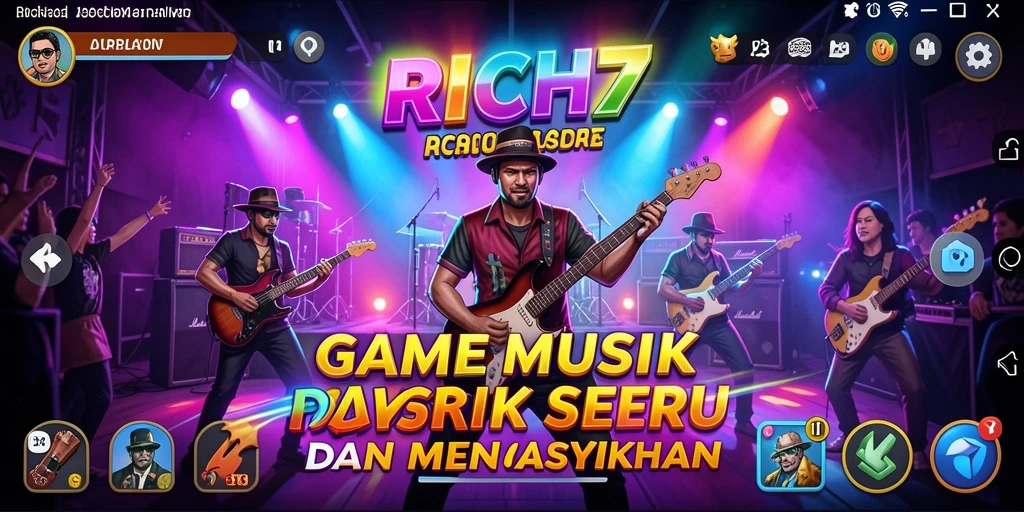 Screenshot RICH7 menunjukkan gameplay menarik dengan berbagai lagu.