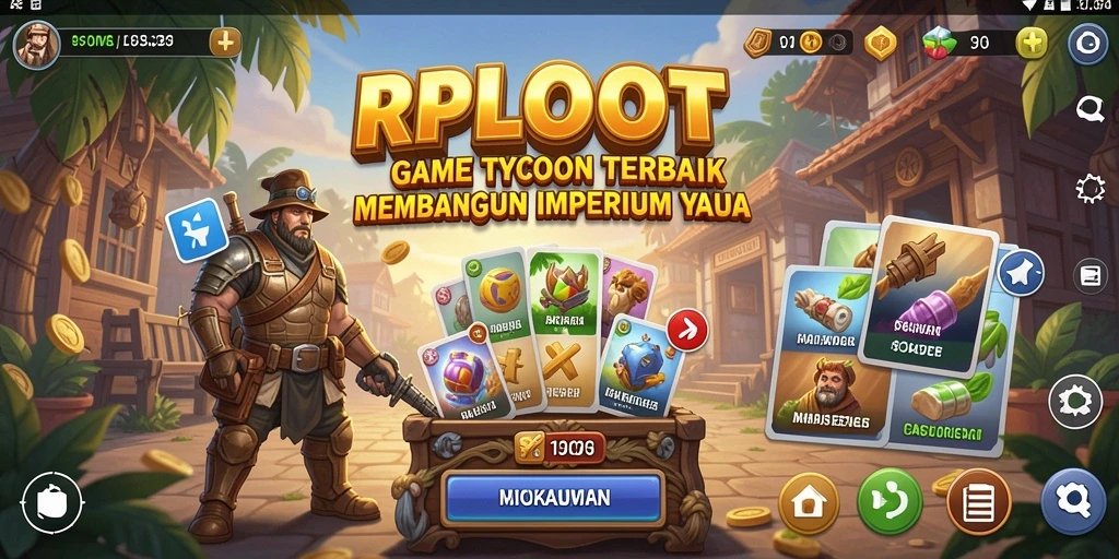 Screenshot gameplay RPLOOT yang menunjukkan pembangunan kerajaan bisnis.