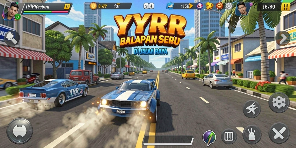 Gameplay YYRR yang mendebarkan dengan mobil balap dan lintasan yang menantang.